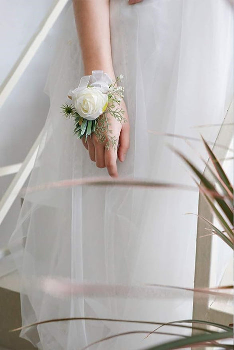 Bulk Ivory Rose Wrist Corsage Wristband Bracelet and Men Boutonniere Set for White Wedding Wholesale