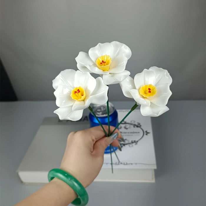 Bulk 3Pcs Porcelain Narcissus Flowers Stems Crafts Ceramic Floral Decoration Wholesale