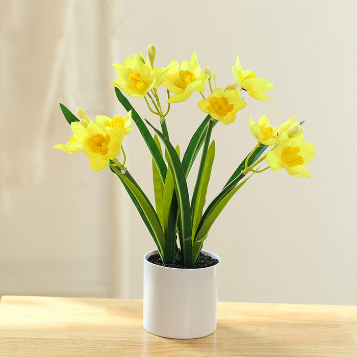 Bulk 13" Artificial Potted Daffodil Flowers in Vase Bonsai Floral Narsissus Arrangement Wholesale