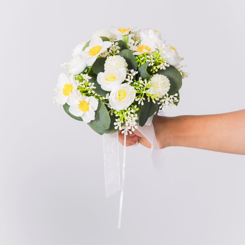 Bulk 7" Small Round Bridal Bouquet in White Daffodils and Peony Bouquet Wholesale