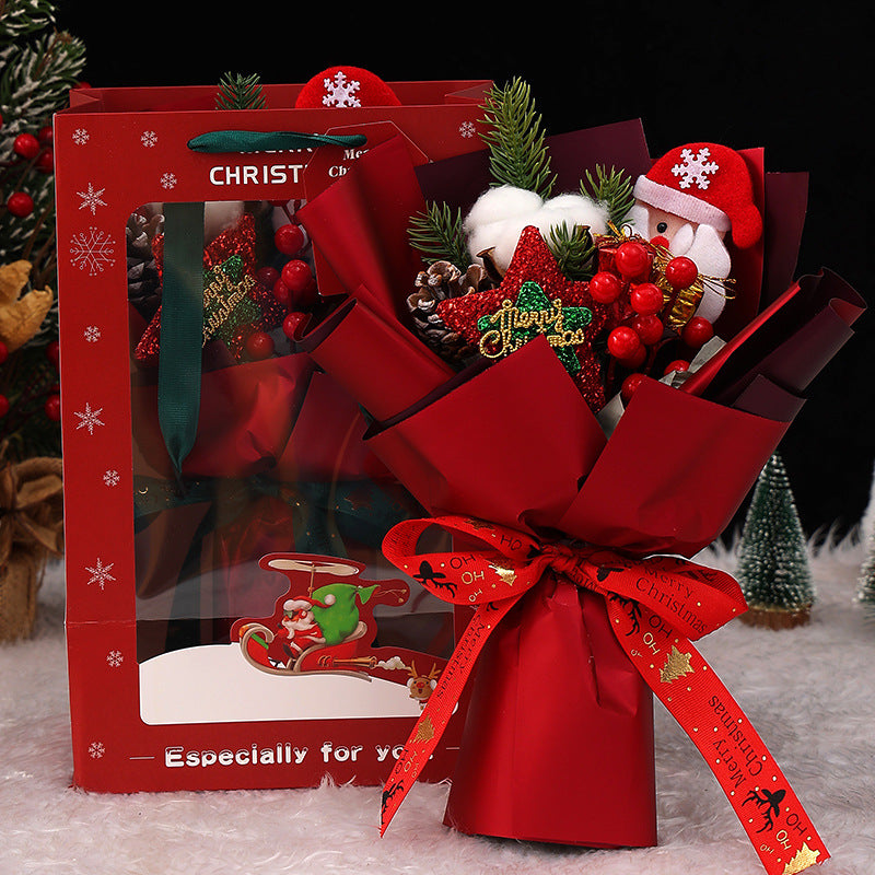 Bouquet de fleurs artificielles de Noël en vrac de 11 pouces avec poupée de Père Noël à baies rouges et étoile scintillante pour cadeaux de petite amie en gros