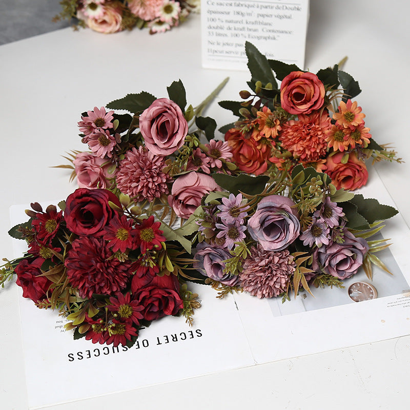 Bulk 11.8" Artificial Rose Bush Bouquet Mixed with Mum & Daisy Realistic Small Flowers for Table Small Arrangement Home Decor Wedding DIY Wholesale