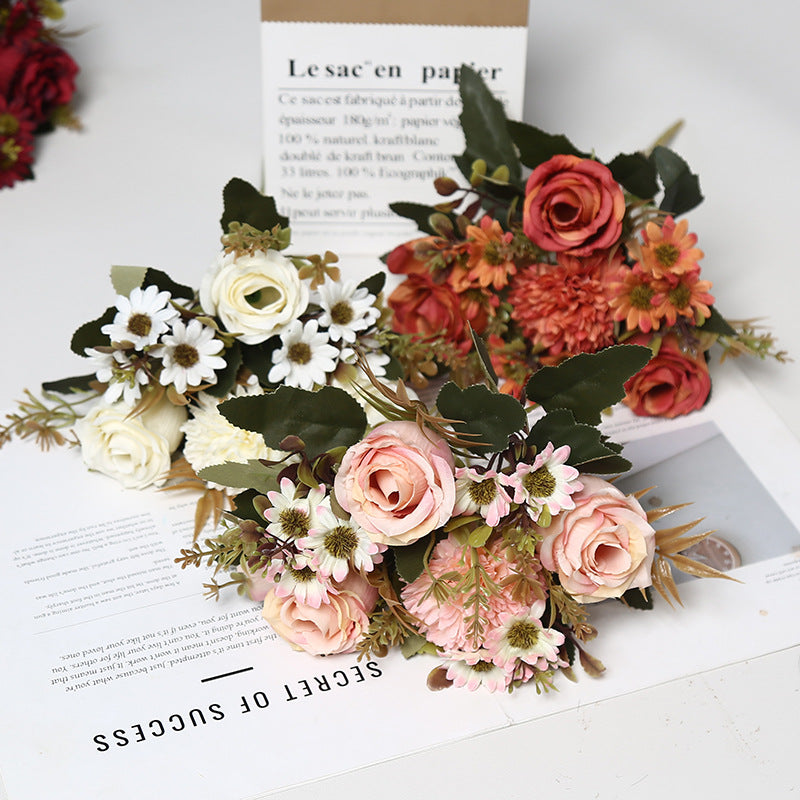 Bulk 11.8" Artificial Rose Bush Bouquet Mixed with Mum & Daisy Realistic Small Flowers for Table Small Arrangement Home Decor Wedding DIY Wholesale