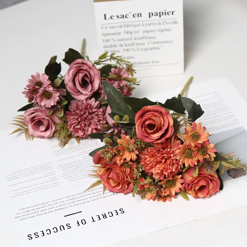 Bulk 11.8" Artificial Rose Bush Bouquet Mixed with Mum & Daisy Realistic Small Flowers for Table Small Arrangement Home Decor Wedding DIY Wholesale