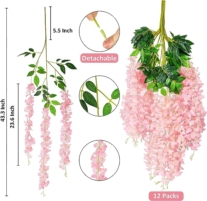 Lot de 12 guirlandes de fleurs suspendues en glycine pour décoration murale de jardin de mariage, vente en gros 