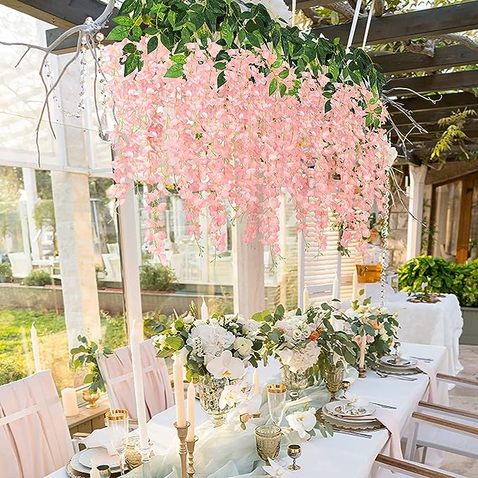 Lot de 12 guirlandes de fleurs suspendues en glycine pour décoration murale de jardin de mariage, vente en gros 