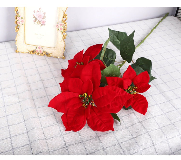 Lot de 5 tiges de poinsettia artificielles en velours de Noël, arbustes, fleurs en soie, vente en gros