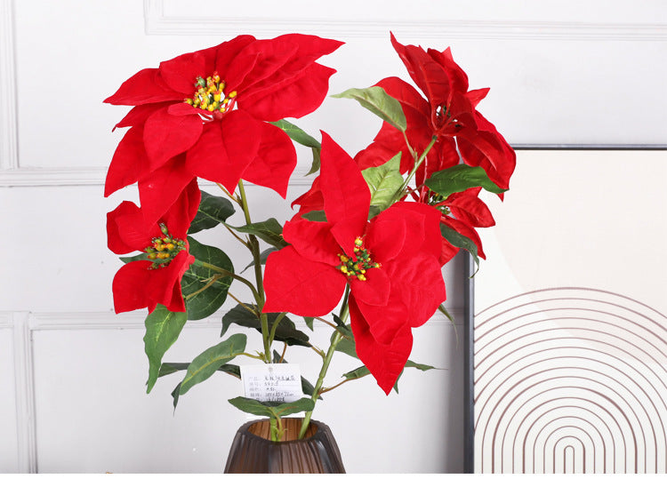Lot de 5 tiges de poinsettia artificielles en velours de Noël, arbustes, fleurs en soie, vente en gros