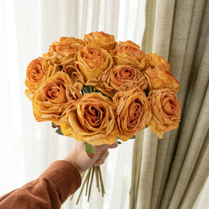 Bulk 16.9" Artificial Burnt-Edge Rose Bouquet - Fake Fall Roses for Autumn Decor, Home, Thanksgiving & Harvest Displays Wholesale