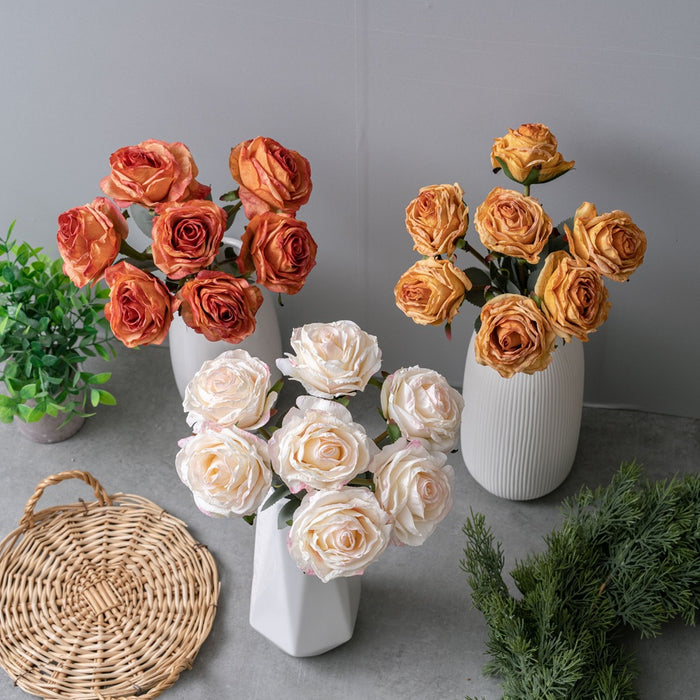 Bulk 16.9" Artificial Burnt-Edge Rose Bouquet - Fake Fall Roses for Autumn Decor, Home, Thanksgiving & Harvest Displays Wholesale