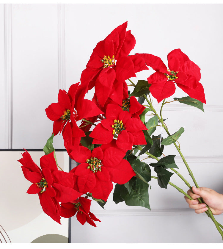 Lot de 5 tiges de poinsettia artificielles en velours de Noël, arbustes, fleurs en soie, vente en gros