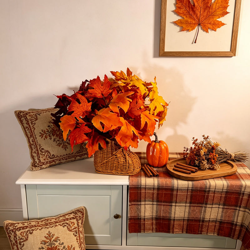 Bulk Pack of 3 Pcs Faux Autumn Maple Leaf Bushes for Vase, Home, Thanksgiving Table Centerpiece, Wedding Decor