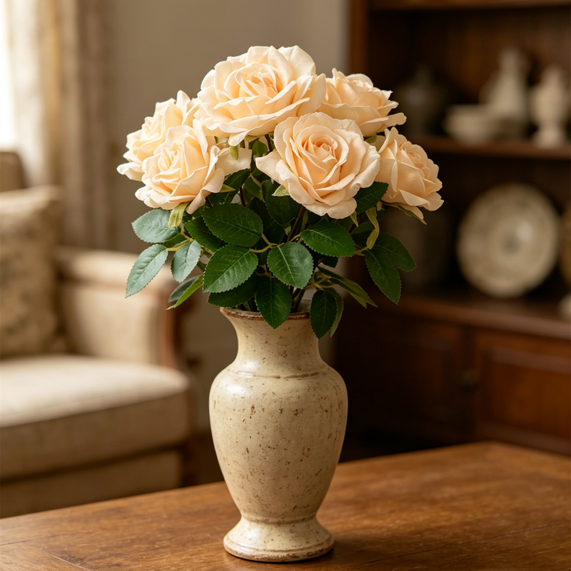 13.8" Tall Artificial Rose Bush, Creamy Apricot Silk Flowers with Green Leaves,  Faux Roses for Vases, Home Decor, Fall Wedding Centerpieces & Holiday Arrangements