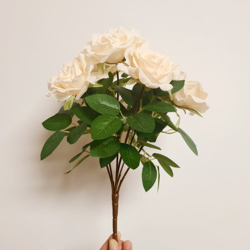 13.8" Tall Artificial Rose Bush, Creamy Apricot Silk Flowers with Green Leaves,  Faux Roses for Vases, Home Decor, Fall Wedding Centerpieces & Holiday Arrangements