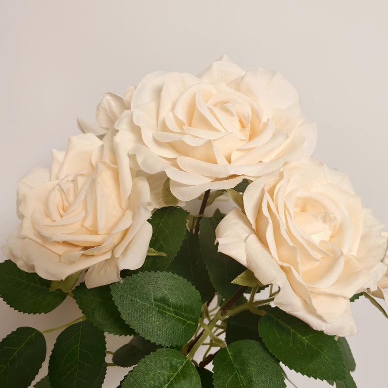 13.8" Tall Artificial Rose Bush, Creamy Apricot Silk Flowers with Green Leaves,  Faux Roses for Vases, Home Decor, Fall Wedding Centerpieces & Holiday Arrangements