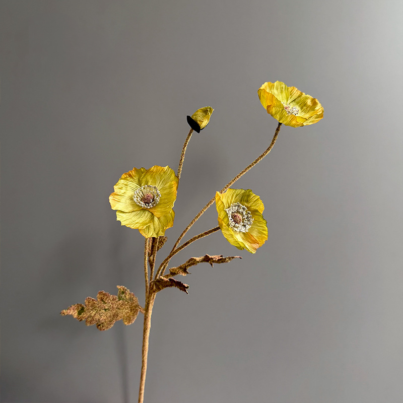 Autumn Faux Poppy Stem, 24" Tall with 3 Blooms & 1 Bud Fall Artificial Flowers for Home Decor & Thanksgiving