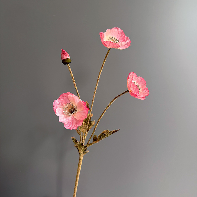 Autumn Faux Poppy Stem, 24" Tall with 3 Blooms & 1 Bud Fall Artificial Flowers for Home Decor & Thanksgiving