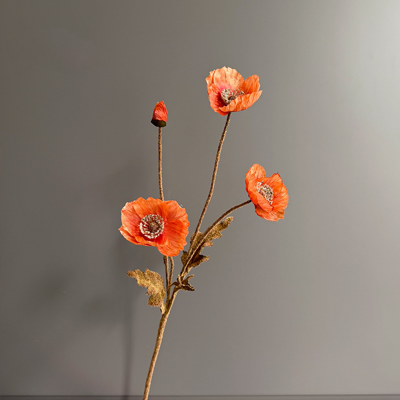 Autumn Faux Poppy Stem, 24" Tall with 3 Blooms & 1 Bud Fall Artificial Flowers for Home Decor & Thanksgiving