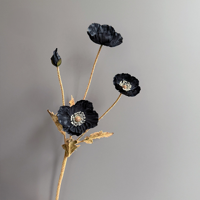 Autumn Faux Poppy Stem, 24" Tall with 3 Blooms & 1 Bud Fall Artificial Flowers for Home Decor & Thanksgiving