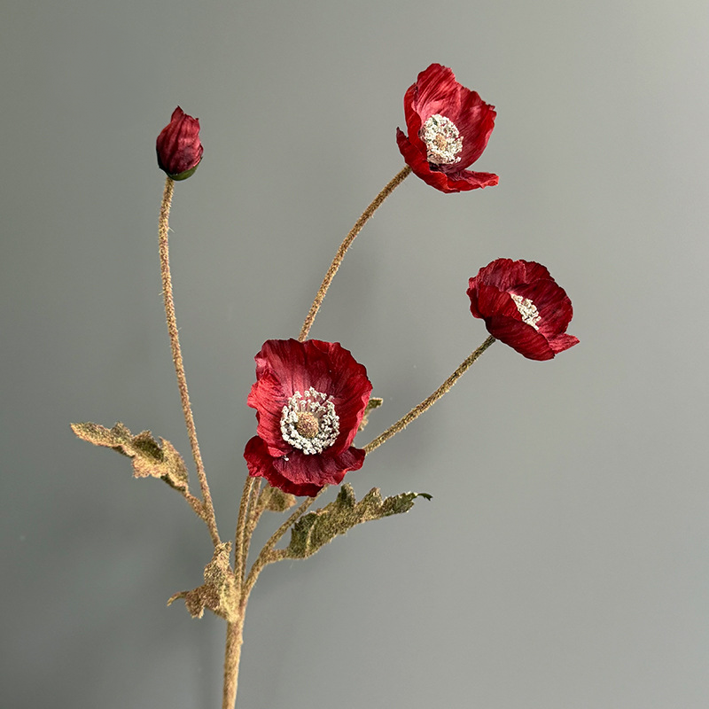 Autumn Faux Poppy Stem, 24" Tall with 3 Blooms & 1 Bud Fall Artificial Flowers for Home Decor & Thanksgiving
