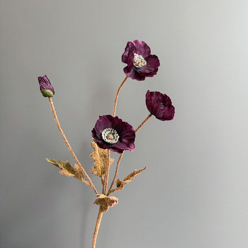 Autumn Faux Poppy Stem, 24" Tall with 3 Blooms & 1 Bud Fall Artificial Flowers for Home Decor & Thanksgiving