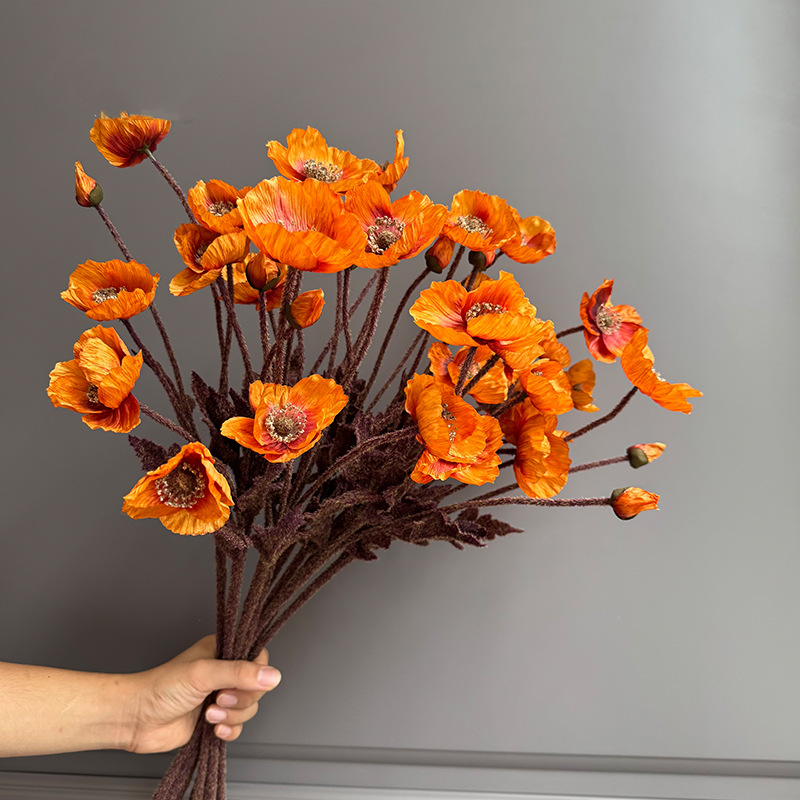 Autumn Faux Poppy Stem, 24" Tall with 3 Blooms & 1 Bud Fall Artificial Flowers for Home Decor & Thanksgiving