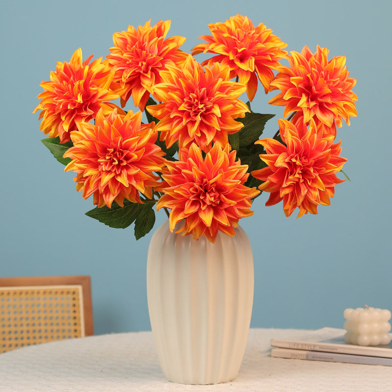 Bulk 8 Pcs Sunset Orange Faux Dahlia Stems, 21" Tall Silk Flowers for Fall Wedding & Home Vase Decor — Vase Not Included