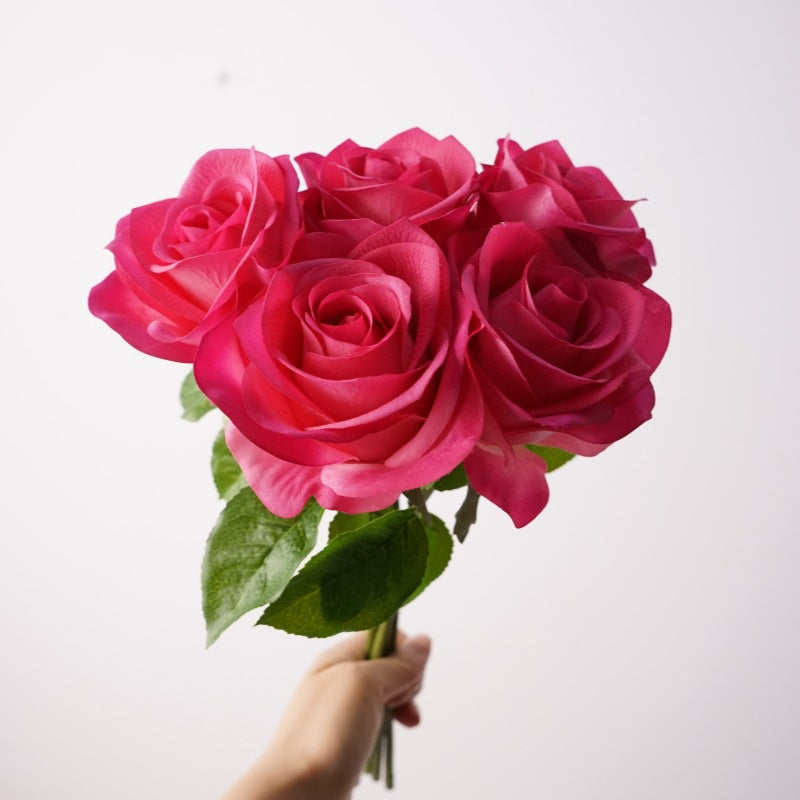 Small Real Touch Rose Bouquet, 14-Inch Lifelike Faux Roses, 5 Blooms for Wedding Centerpieces, Home Decor & DIY Floral Arrangements