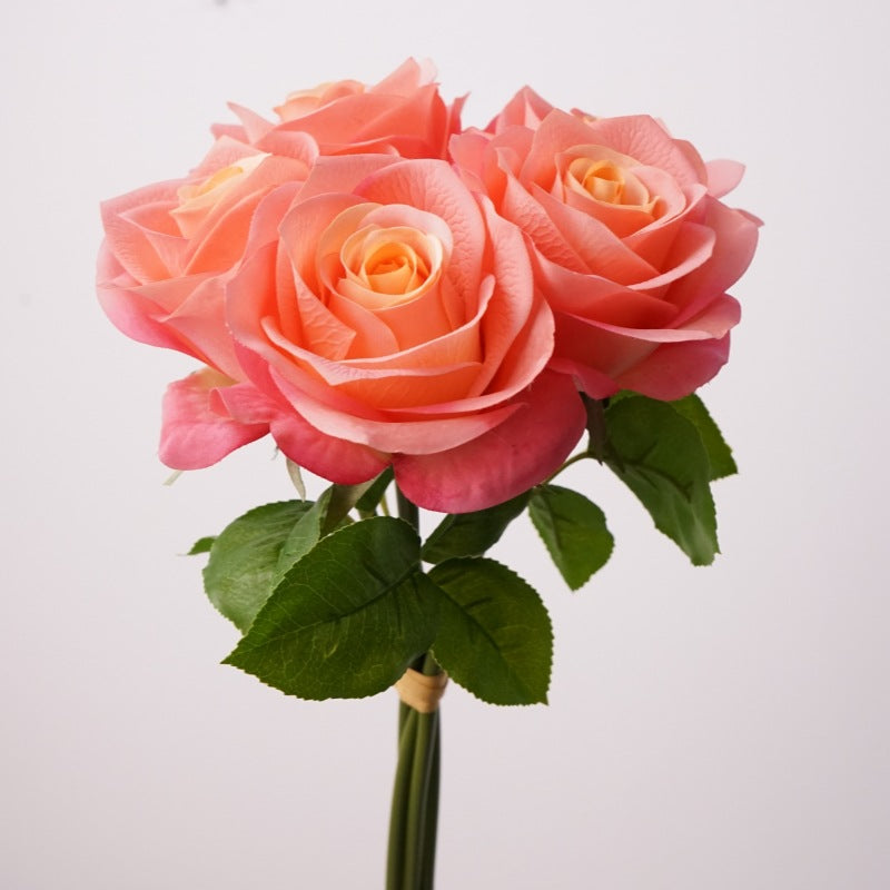 Small Real Touch Rose Bouquet, 14-Inch Lifelike Faux Roses, 5 Blooms for Wedding Centerpieces, Home Decor & DIY Floral Arrangements
