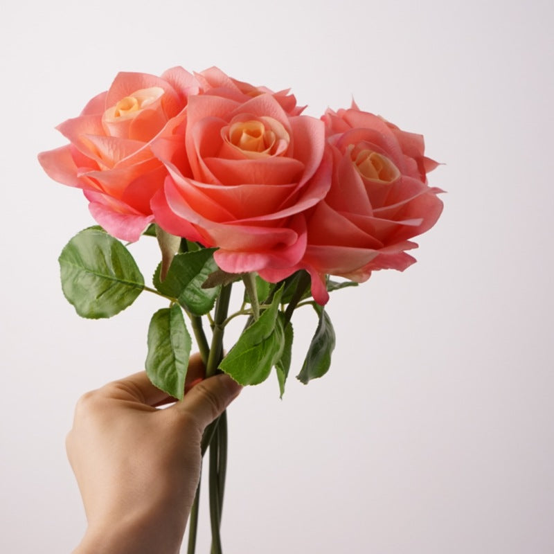Small Real Touch Rose Bouquet, 14-Inch Lifelike Faux Roses, 5 Blooms for Wedding Centerpieces, Home Decor & DIY Floral Arrangements