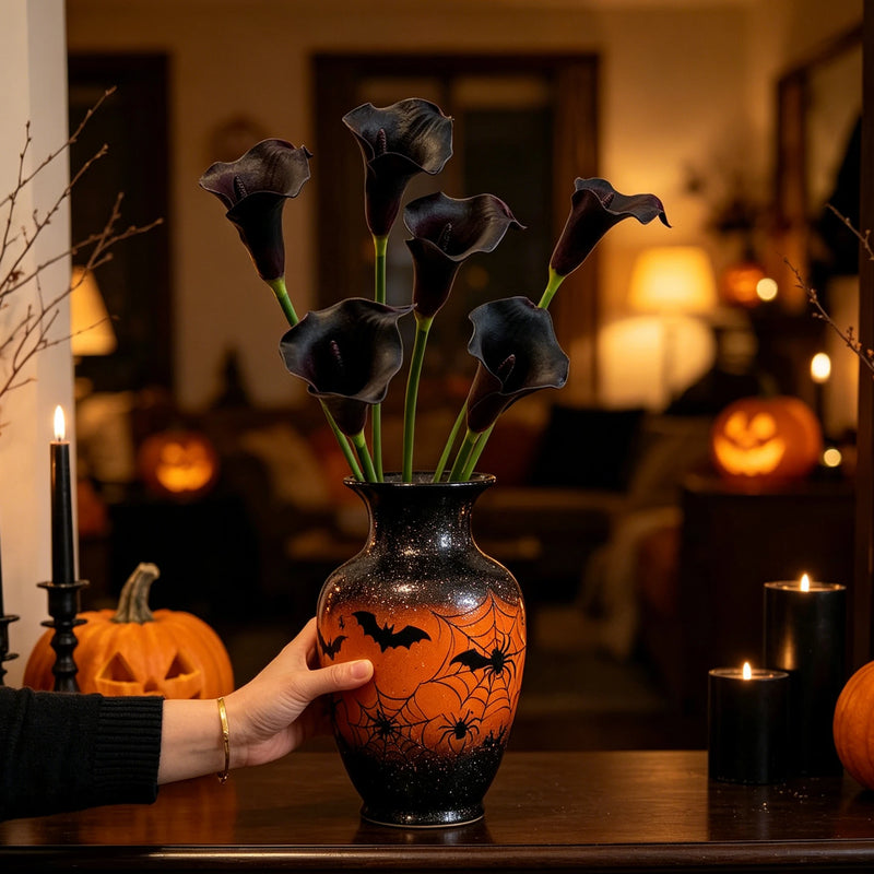 Bulk 6 Pcs 26 Inch Real Touch Black Purple Calla Lily Artificial Flowers for Gothic Home Decor, Fall Halloween Arrangement