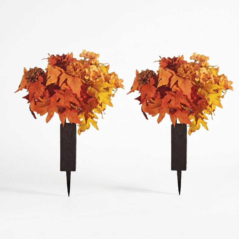 2 Pcs Artificial Fall Cemetery Flowers, 24 Heads Burnt Orange Yellow Mums Dahlia Begonia Silk Bouquets with Vase Stakes for Outdoor Grave Decorations
