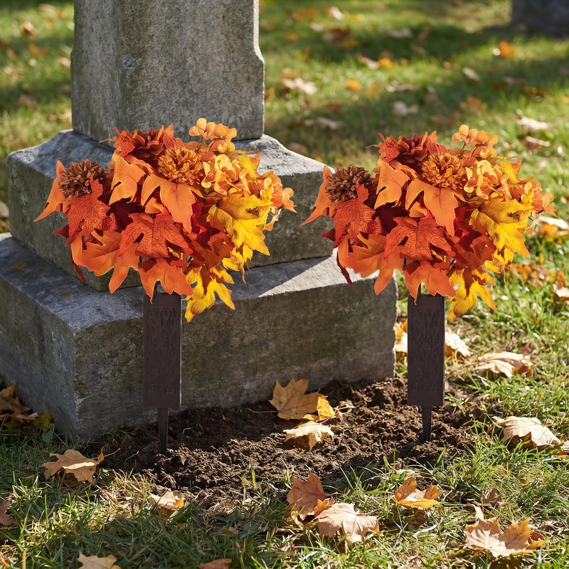 2 Pcs Artificial Fall Cemetery Flowers, 24 Heads Burnt Orange Yellow Mums Dahlia Begonia Silk Bouquets with Vase Stakes for Outdoor Grave Decorations
