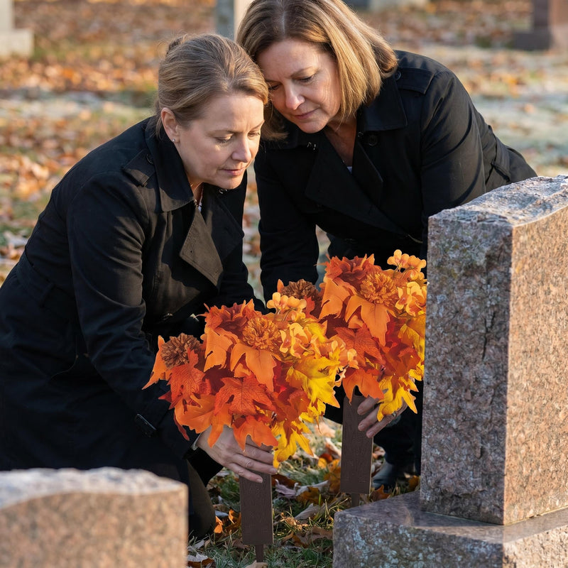 2 Pcs Artificial Fall Cemetery Flowers, 24 Heads Burnt Orange Yellow Mums Dahlia Begonia Silk Bouquets with Vase Stakes for Outdoor Grave Decorations