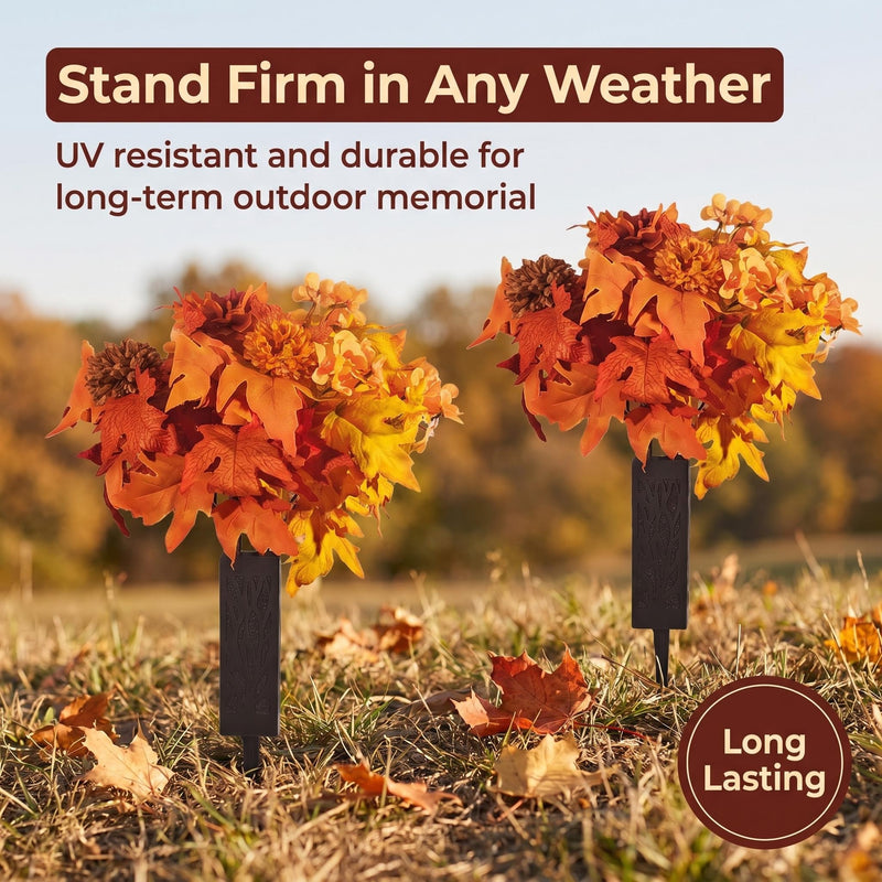 2 Pcs Artificial Fall Cemetery Flowers, 24 Heads Burnt Orange Yellow Mums Dahlia Begonia Silk Bouquets with Vase Stakes for Outdoor Grave Decorations