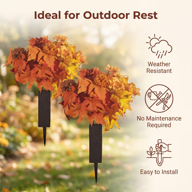 2 Pcs Artificial Fall Cemetery Flowers, 24 Heads Burnt Orange Yellow Mums Dahlia Begonia Silk Bouquets with Vase Stakes for Outdoor Grave Decorations