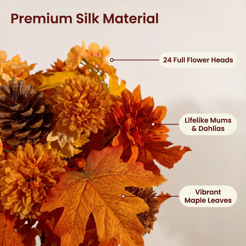 2 Pcs Artificial Fall Cemetery Flowers, 24 Heads Burnt Orange Yellow Mums Dahlia Begonia Silk Bouquets with Vase Stakes for Outdoor Grave Decorations