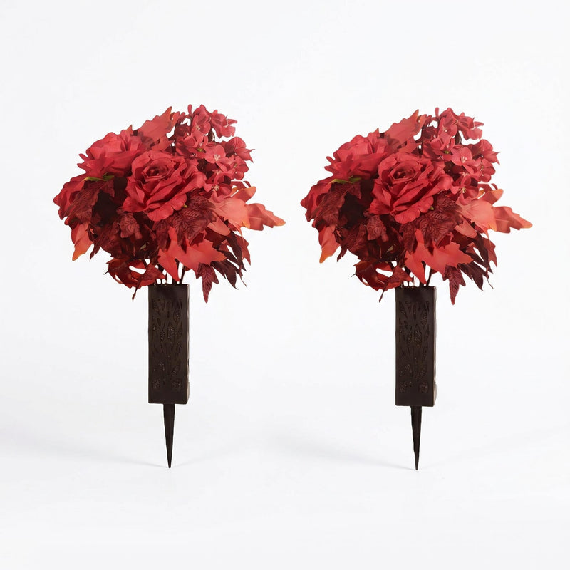 2 Pcs Artificial Fall Cemetery Flowers with Vase, 24 Heads Realistic Red Rose & Begonia Silk Bouquets, Perfect for Grave Decorations, Thanksgiving & Autumn Home Decor