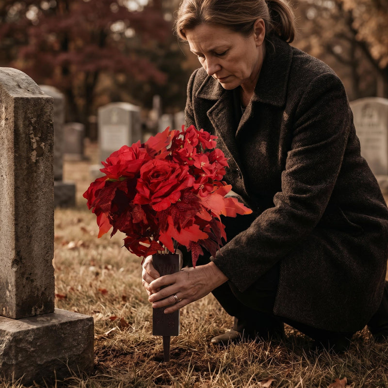 2 Pcs Artificial Fall Cemetery Flowers with Vase, 24 Heads Realistic Red Rose & Begonia Silk Bouquets, Perfect for Grave Decorations, Thanksgiving & Autumn Home Decor