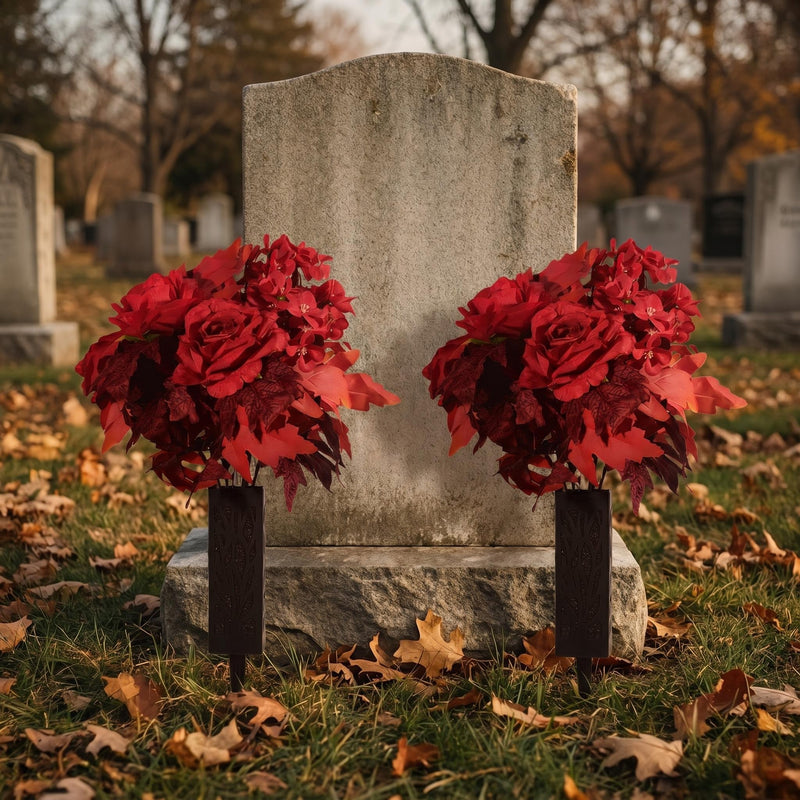 2 Pcs Artificial Fall Cemetery Flowers with Vase, 24 Heads Realistic Red Rose & Begonia Silk Bouquets, Perfect for Grave Decorations, Thanksgiving & Autumn Home Decor