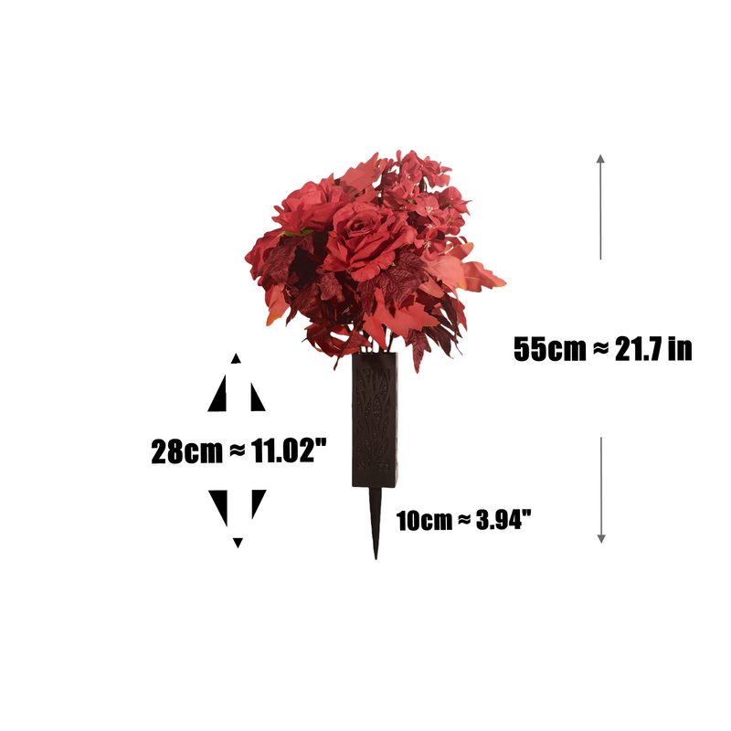 2 Pcs Artificial Fall Cemetery Flowers with Vase, 24 Heads Realistic Red Rose & Begonia Silk Bouquets, Perfect for Grave Decorations, Thanksgiving & Autumn Home Decor