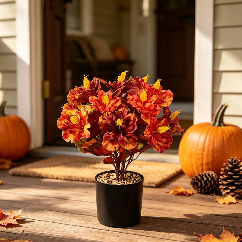 Bulk 14" Realistic Faux Autumn Hibiscus Plant in Pot – Orange & Red Ombre Flowers, Fall Floral Centerpiece for Thanksgiving Table, Mantel & Home Decor