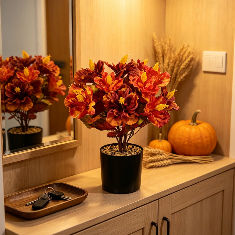 Bulk 14" Realistic Faux Autumn Hibiscus Plant in Pot – Orange & Red Ombre Flowers, Fall Floral Centerpiece for Thanksgiving Table, Mantel & Home Decor