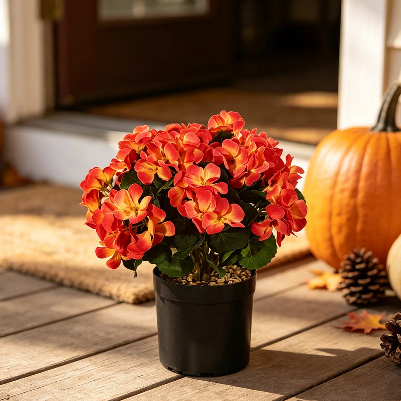 Bulk 12" Potted Faux Geranium Plant,  Realistic Sunset Geraniums in Pot, Artificial Sunset Flowers for Fall Home Decor, Autumn Tabletop Centerpiece