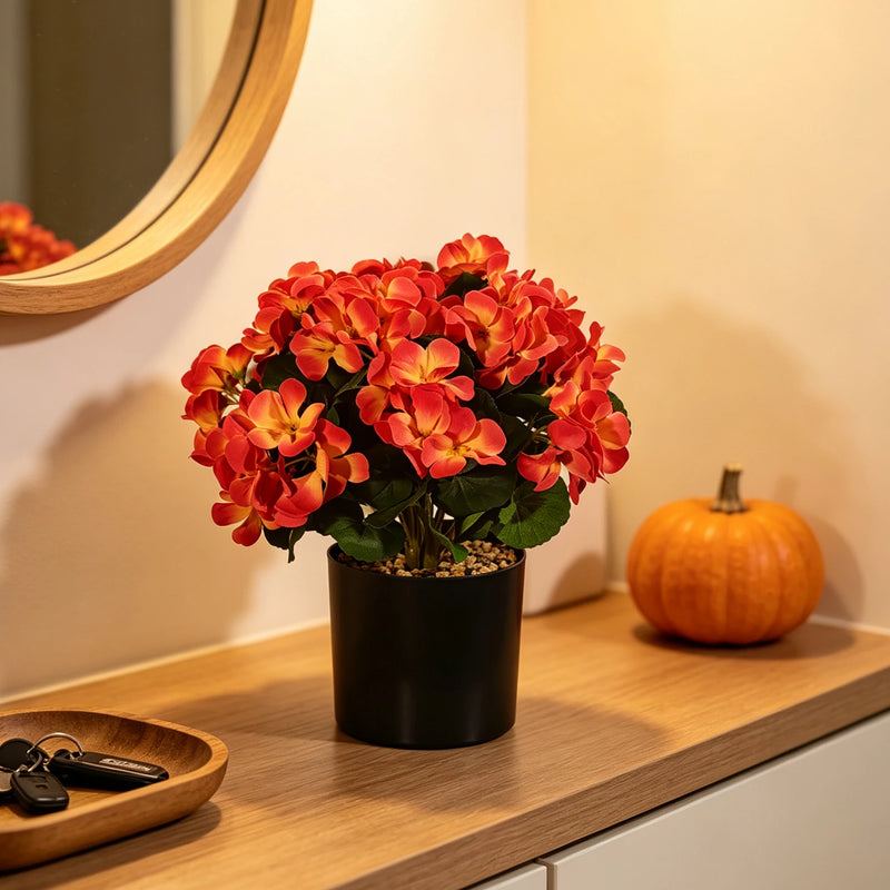 Bulk 12" Potted Faux Geranium Plant,  Realistic Sunset Geraniums in Pot, Artificial Sunset Flowers for Fall Home Decor, Autumn Tabletop Centerpiece