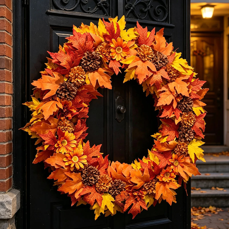 Exclusive 24 Inch Foldable Fall Wreath, Collapsible Thanksgiving Wreath with Realistic Silk Flowers, Sunset Orange Maple Leaves & Brown Mums, Perfect for Front Door, Home Decor, Wedding