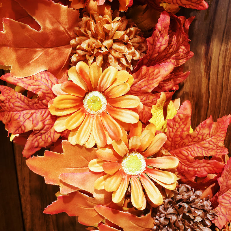 Exclusive 24 Inch Foldable Fall Wreath, Collapsible Thanksgiving Wreath with Realistic Silk Flowers, Sunset Orange Maple Leaves & Brown Mums, Perfect for Front Door, Home Decor, Wedding