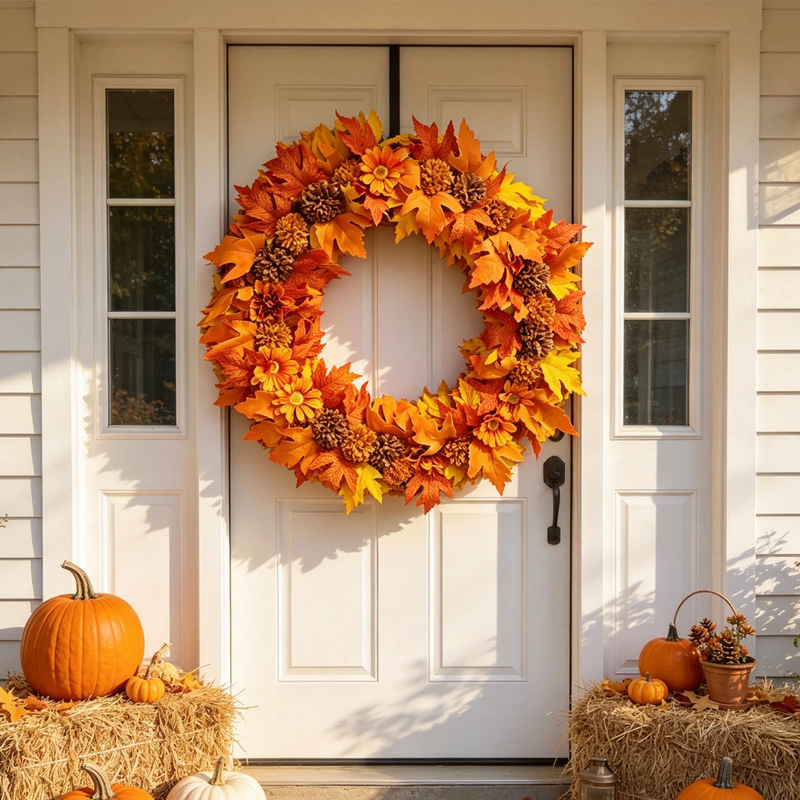Exclusive 24 Inch Foldable Fall Wreath, Collapsible Thanksgiving Wreath with Realistic Silk Flowers, Sunset Orange Maple Leaves & Brown Mums, Perfect for Front Door, Home Decor, Wedding