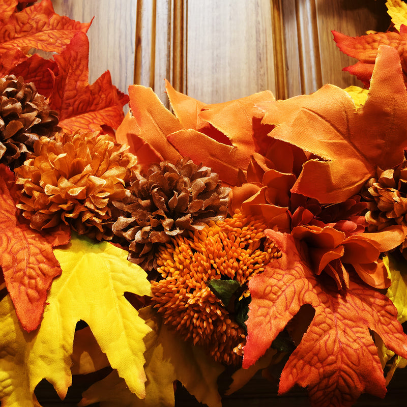 Exclusive 24 Inch Foldable Fall Wreath, Collapsible Thanksgiving Wreath with Realistic Silk Flowers, Sunset Orange Maple Leaves & Brown Mums, Perfect for Front Door, Home Decor, Wedding