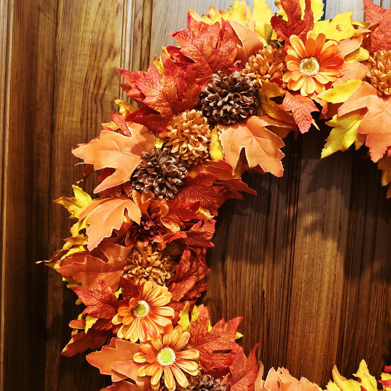 Exclusive 24 Inch Foldable Fall Wreath, Collapsible Thanksgiving Wreath with Realistic Silk Flowers, Sunset Orange Maple Leaves & Brown Mums, Perfect for Front Door, Home Decor, Wedding